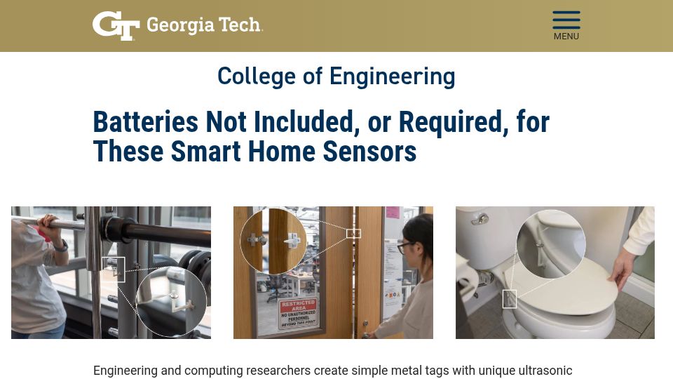 Screenshot of coe.gatech.edu: Batteries Not Included, or Required, for These Smart Home Sensors