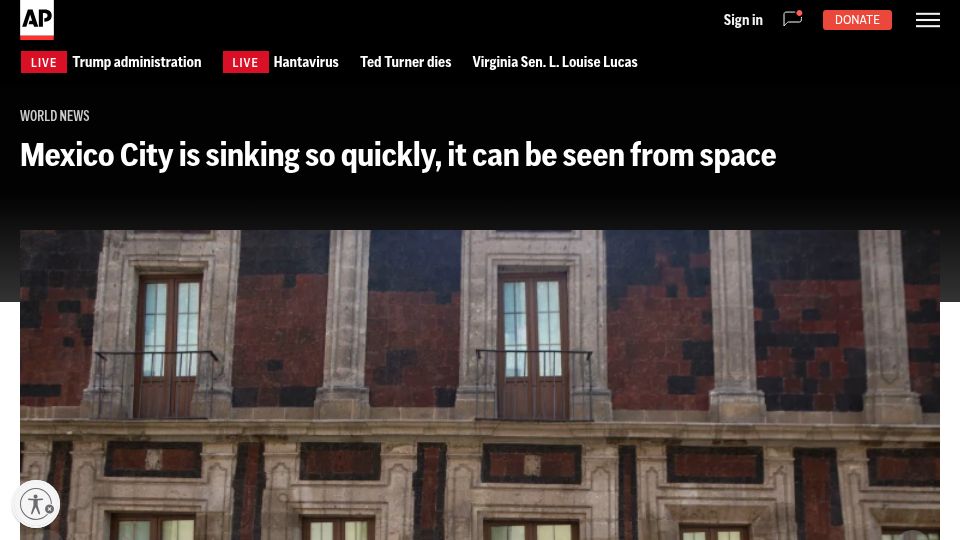 Screenshot of apnews.com: Mexico City is sinking so quickly, it can be seen from space