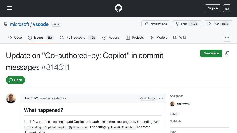 Screenshot of github.com: Update on "Co-authored-by: Copilot" in commit messages