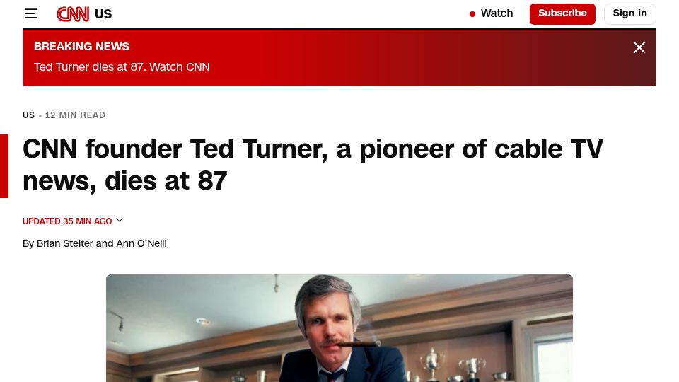 Screenshot of cnn.com: Ted Turner has died