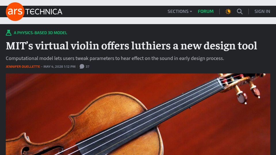 Screenshot of arstechnica.com: MIT’s virtual violin offers luthiers a new design tool
