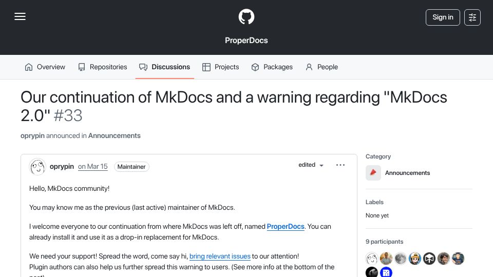 Screenshot of github.com: Our Continuation of MkDocs