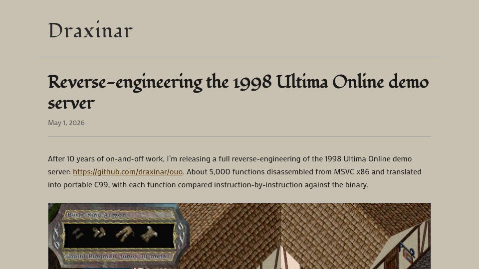 Screenshot of draxinar.github.io: Reverse-engineering the 1998 Ultima Online demo server