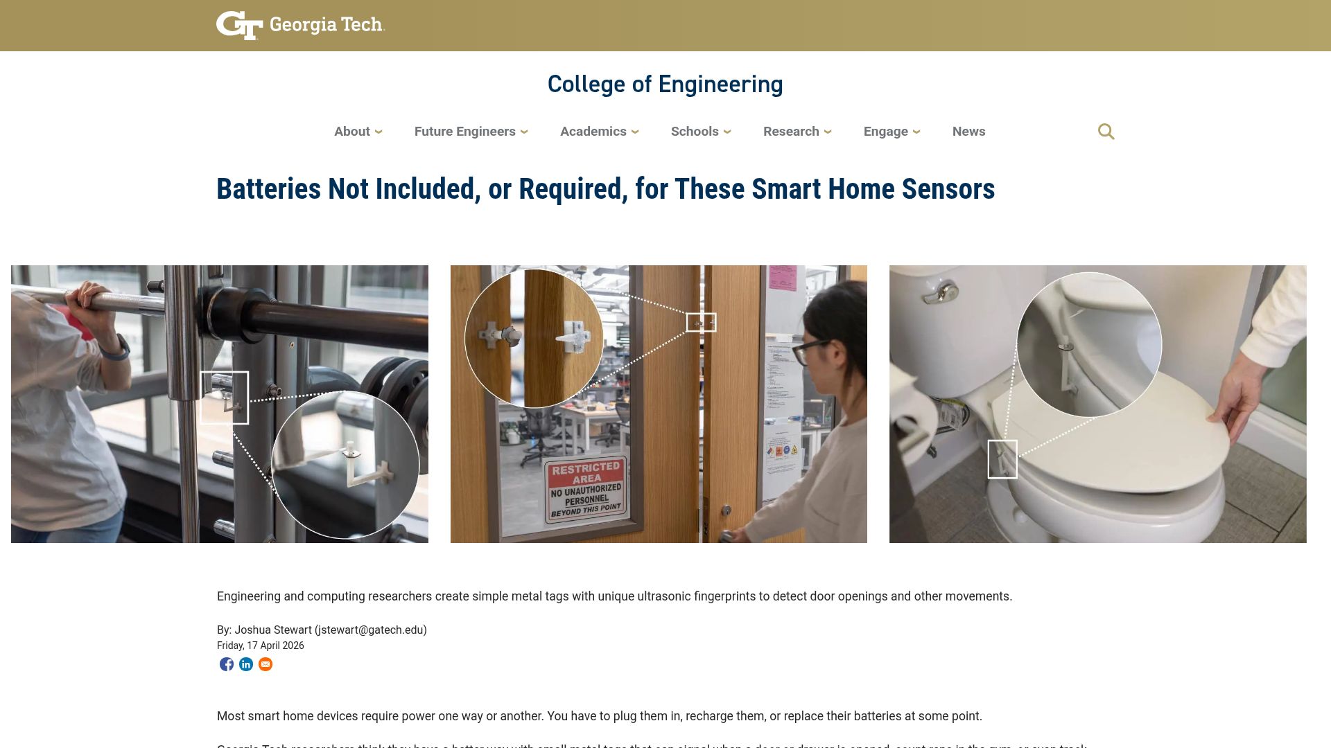 Screenshot of coe.gatech.edu: Batteries Not Included, or Required, for These Smart Home Sensors