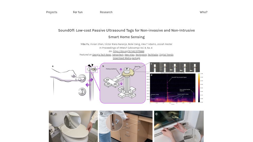 Screenshot of yibo-fu.com: SoundOff: Low-Cost Passive Ultrasound Tags