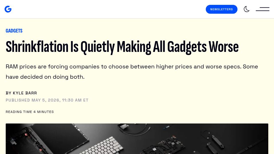 Screenshot of gizmodo.com: RAM prices are forcing companies to choose higher prices, worse specs, or both