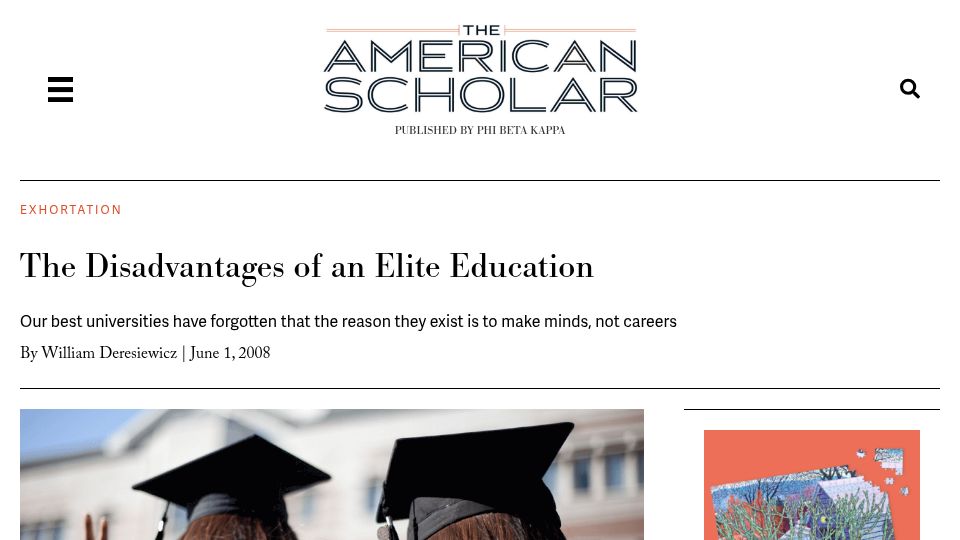 Screenshot of theamericanscholar.org: The Disadvantages of an Elite Education (2008)