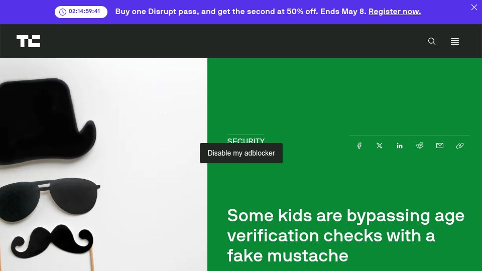 Screenshot of techcrunch.com: Some kids are bypassing age verification checks with a fake mustache
