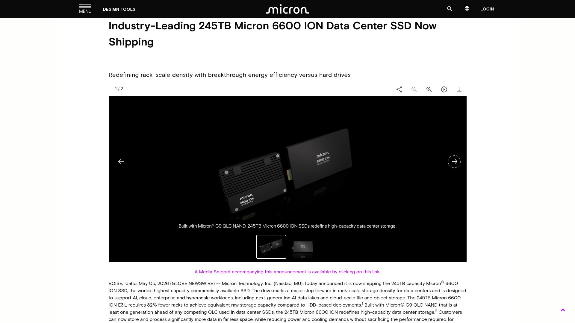 Screenshot of investors.micron.com: 245TB Micron 6600 ION Data Center SSD Now Shipping