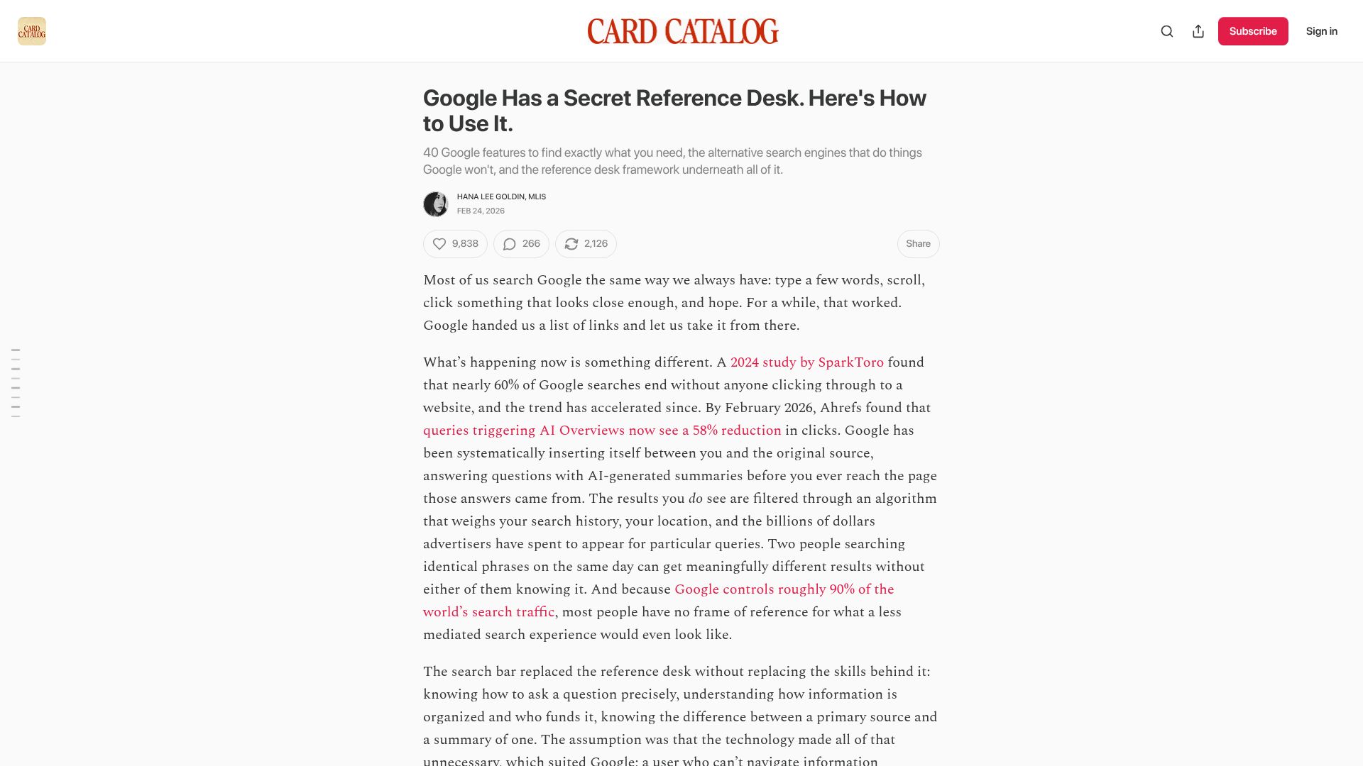 Screenshot of cardcatalogforlife.substack.com: Google tools for customizing searches
