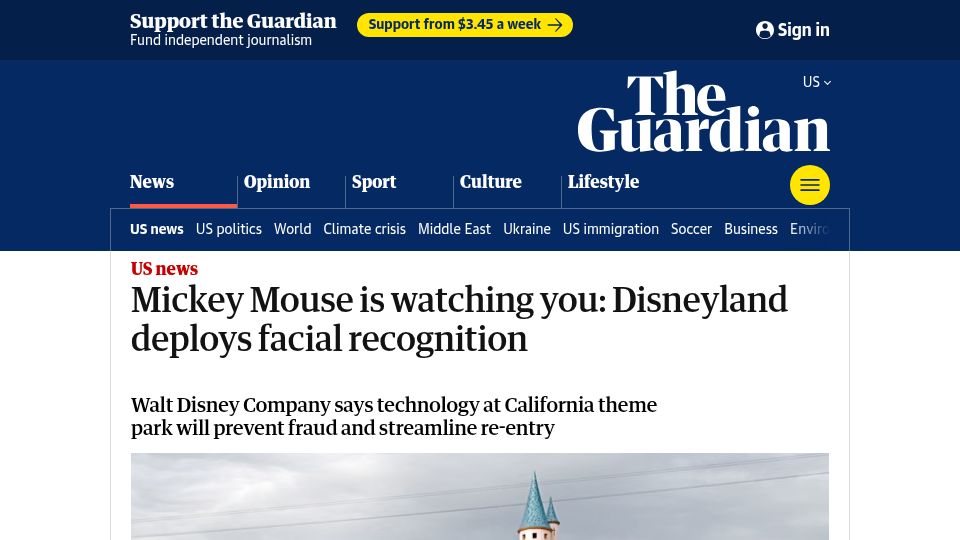 Screenshot of theguardian.com: Mickey Mouse is watching you: Disneyland deploys facial recognition