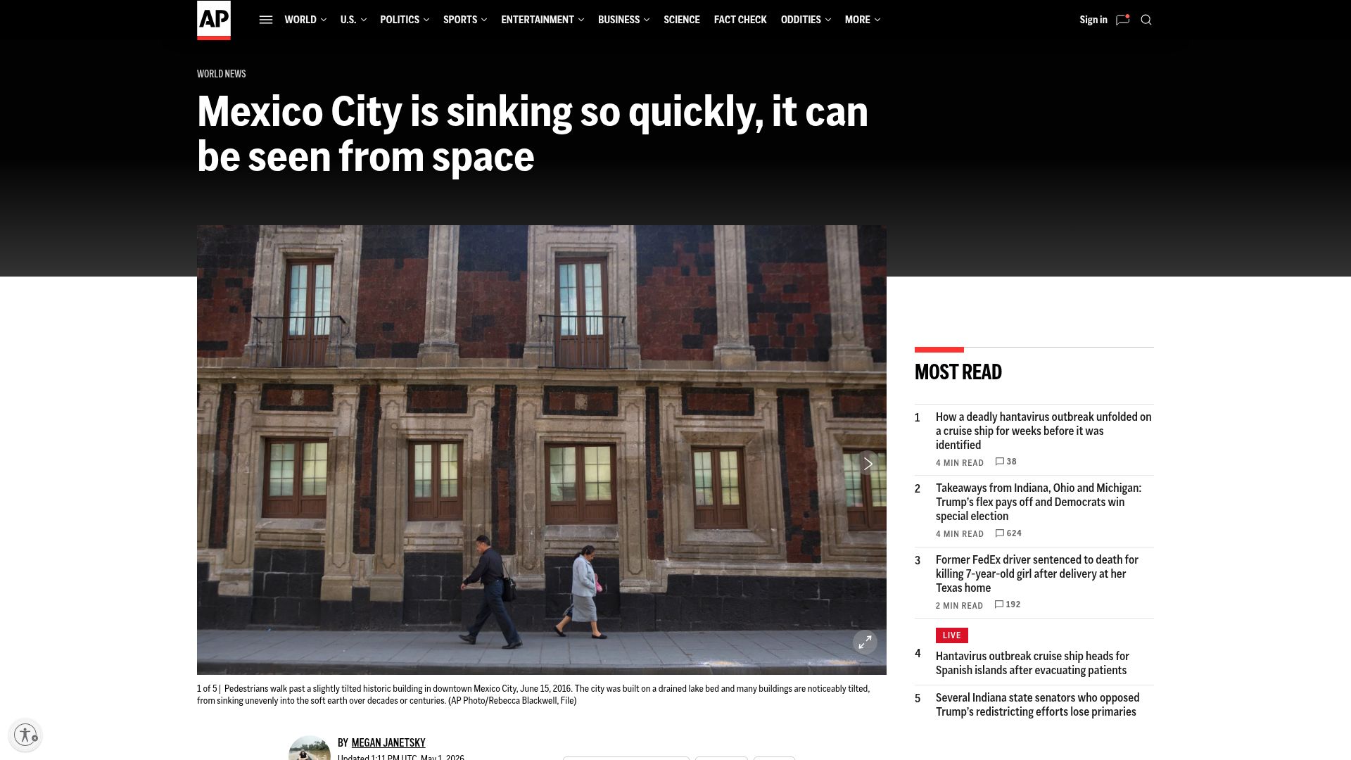 Screenshot of apnews.com: Mexico City is sinking so quickly, it can be seen from space