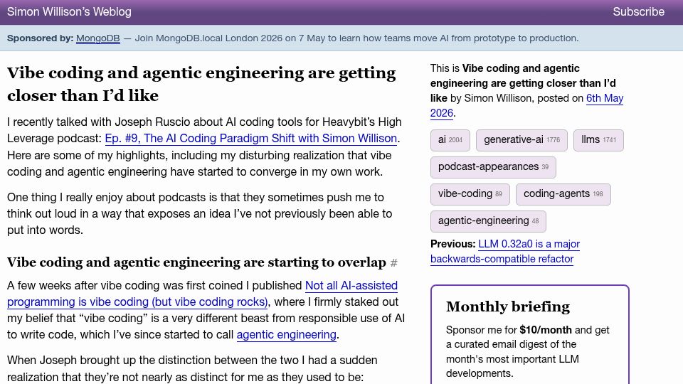 Screenshot of simonwillison.net: Vibe coding and agentic engineering are getting closer than I'd like