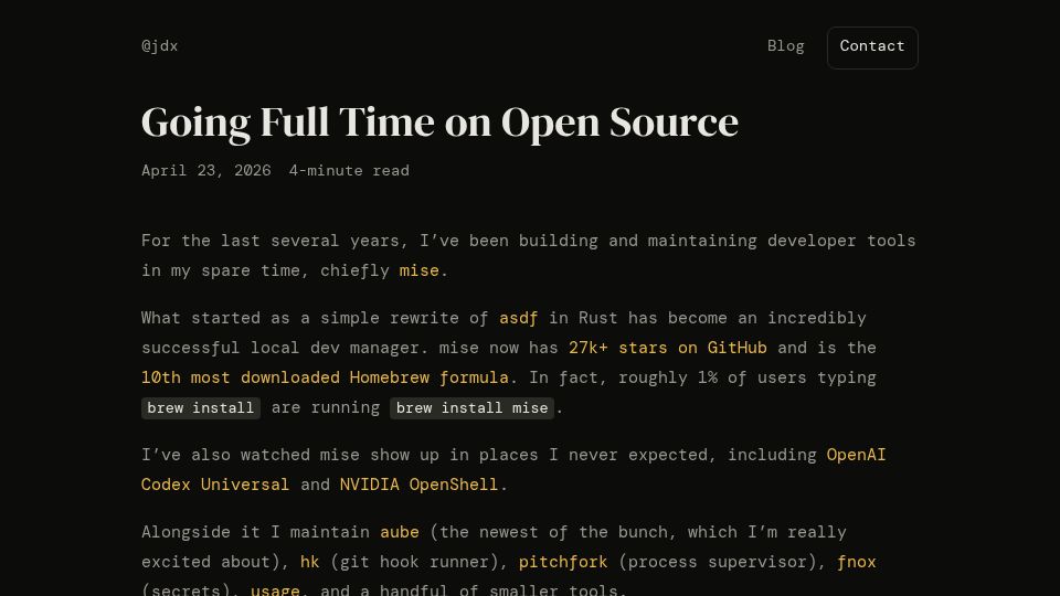 Screenshot of jdx.dev: Going Full Time on Open Source