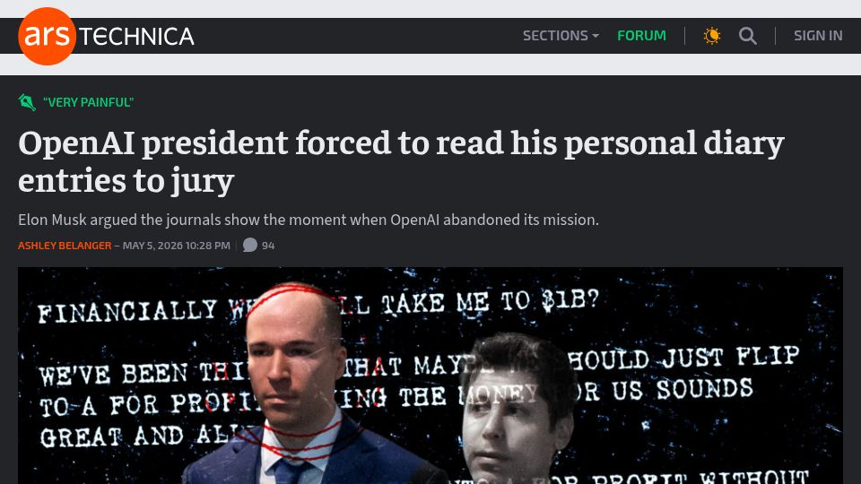 Screenshot of arstechnica.com: OpenAI president forced to read his personal diary entries to jury