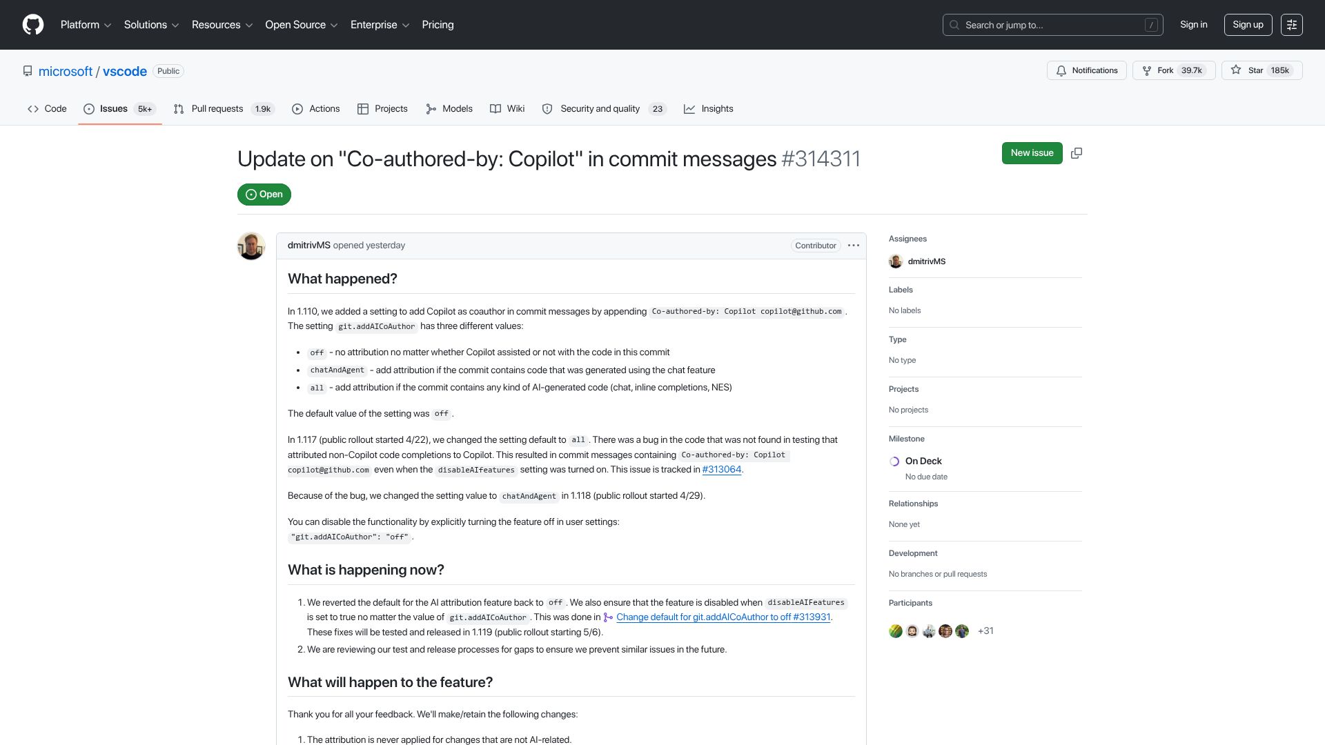 Screenshot of github.com: Update on "Co-authored-by: Copilot" in commit messages