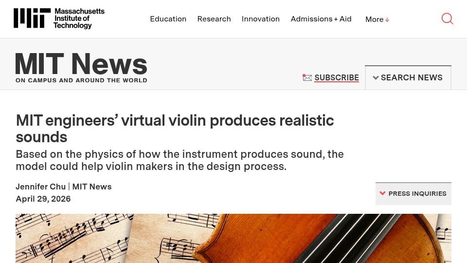 Screenshot of news.mit.edu: Virtual violin produces realistic sounds