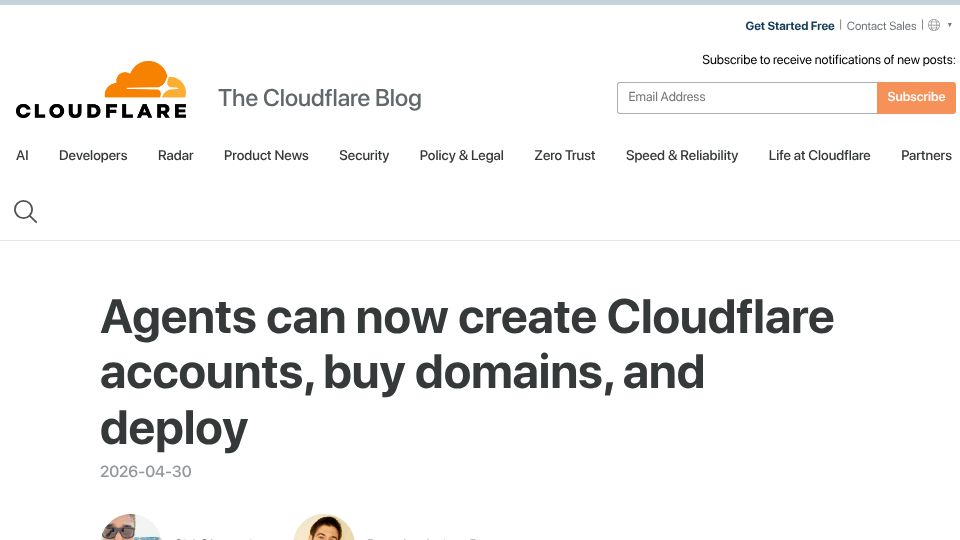 Screenshot of blog.cloudflare.com: Agents can now create Cloudflare accounts, buy domains, and deploy