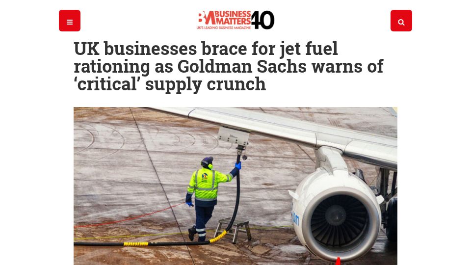 Screenshot of bmmagazine.co.uk: UK businesses brace for jet fuel rationing