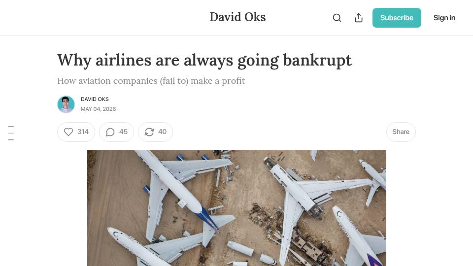 Screenshot of davidoks.blog: Why airlines are always going bankrupt