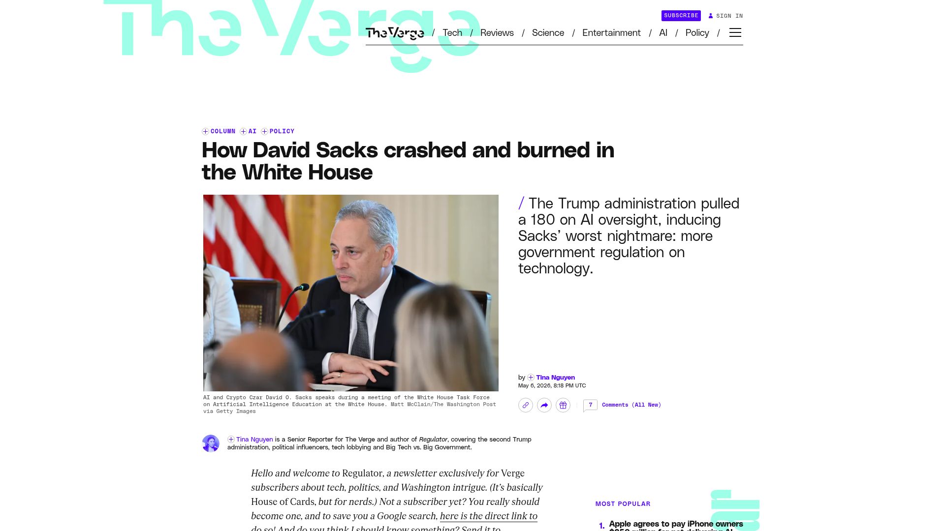 Screenshot of theverge.com: David Sacks crashed and burned in the White House