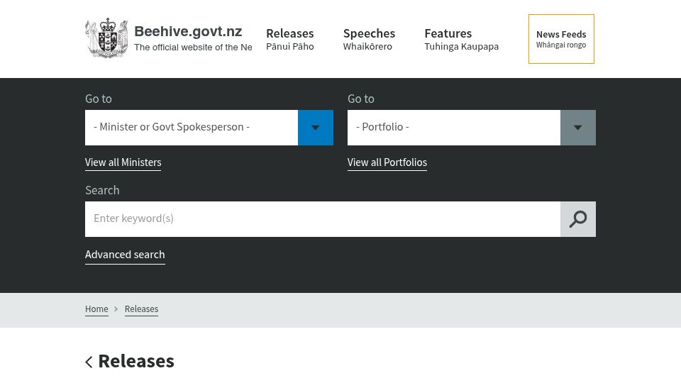 Screenshot of beehive.govt.nz: NZ Government to Disestablish the BSA