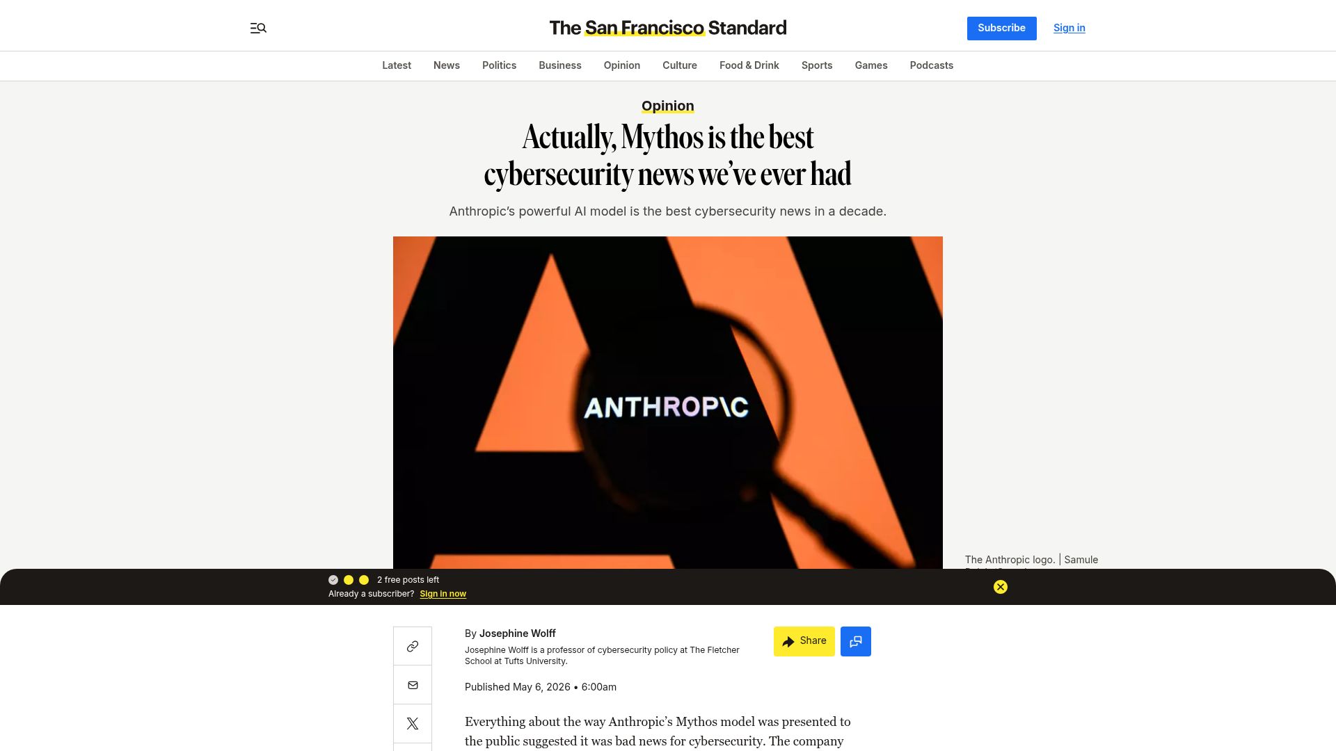 Screenshot of sfstandard.com: Mythos is the best cybersecurity news in a decade