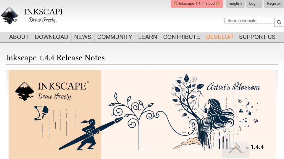 Screenshot of inkscape.org: Inkscape 1.4.4