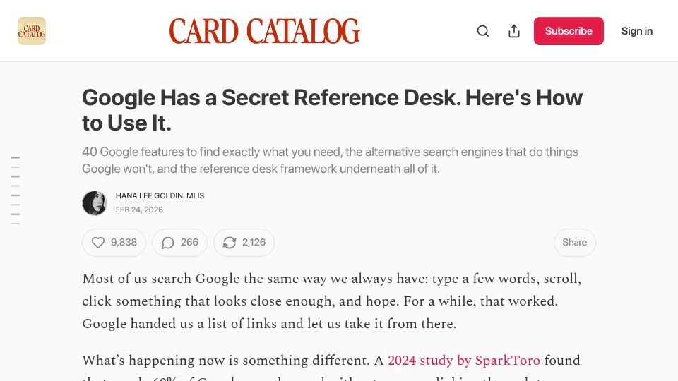 Screenshot of cardcatalogforlife.substack.com: Google tools for customizing searches