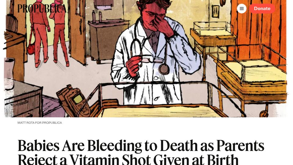 Screenshot of propublica.org: Babies Are Bleeding to Death as Parents Reject a Vitamin Shot Given at Birth