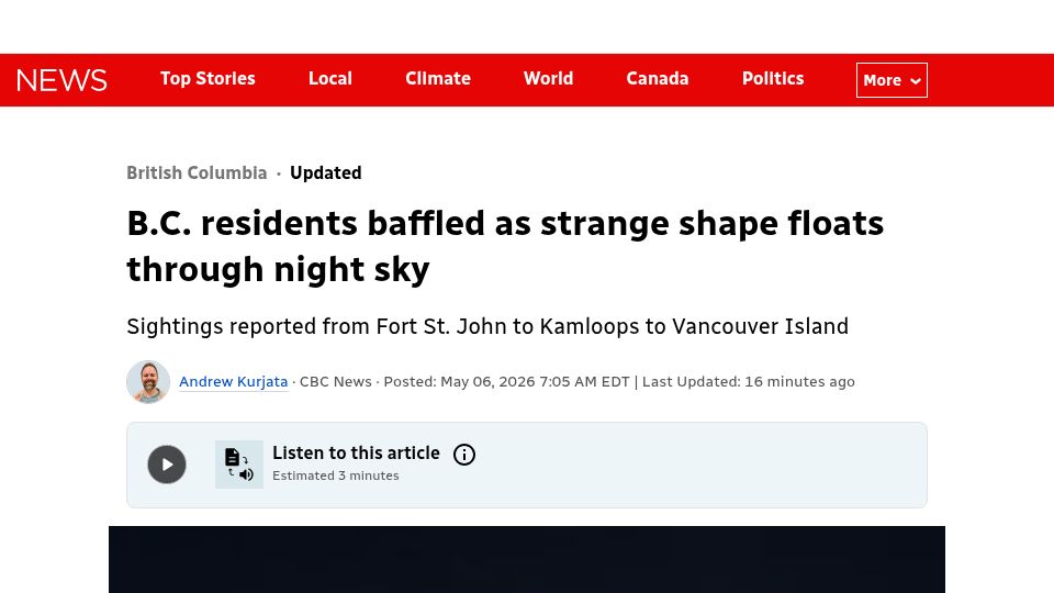 Screenshot of cbc.ca: B.C. residents baffled as shape floats through night sky