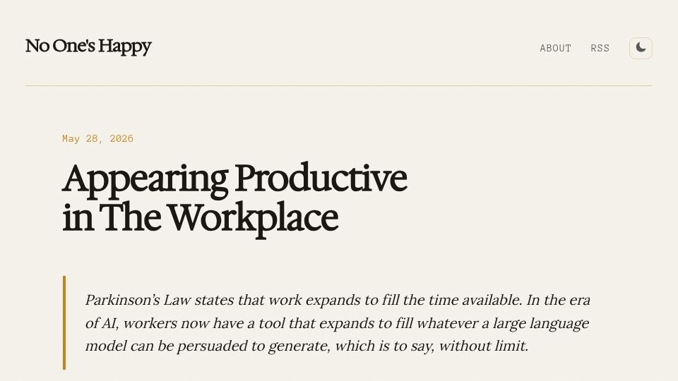 Screenshot of nooneshappy.com: Appearing productive in the workplace