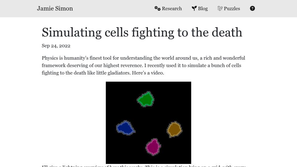 Screenshot of jamiesimon.io: Simulating Cells Fighting to the Death