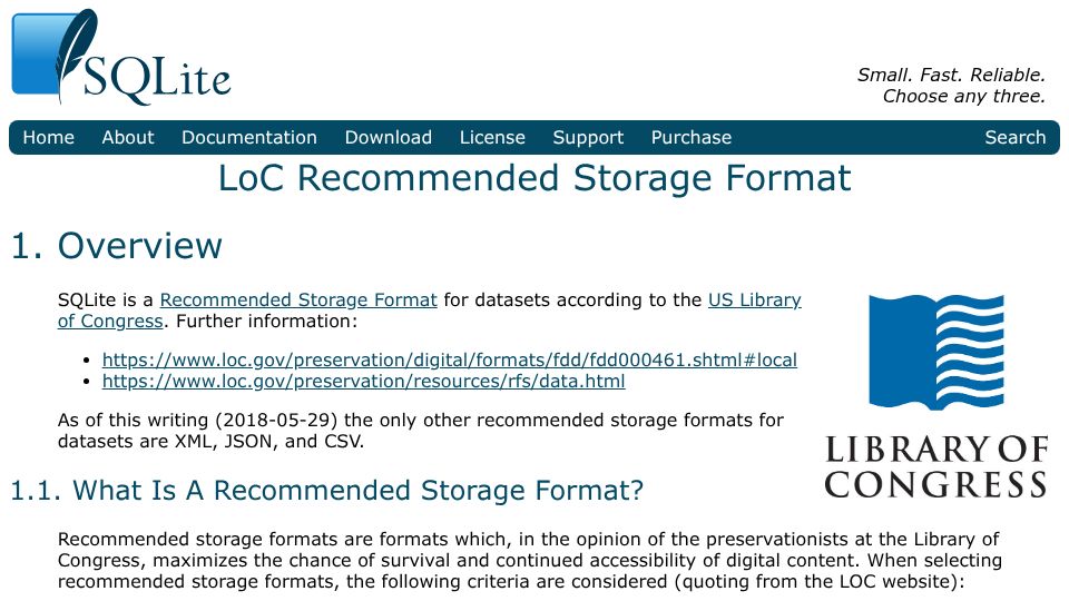 Screenshot of sqlite.org: SQLite Is a Library of Congress Recommended Storage Format