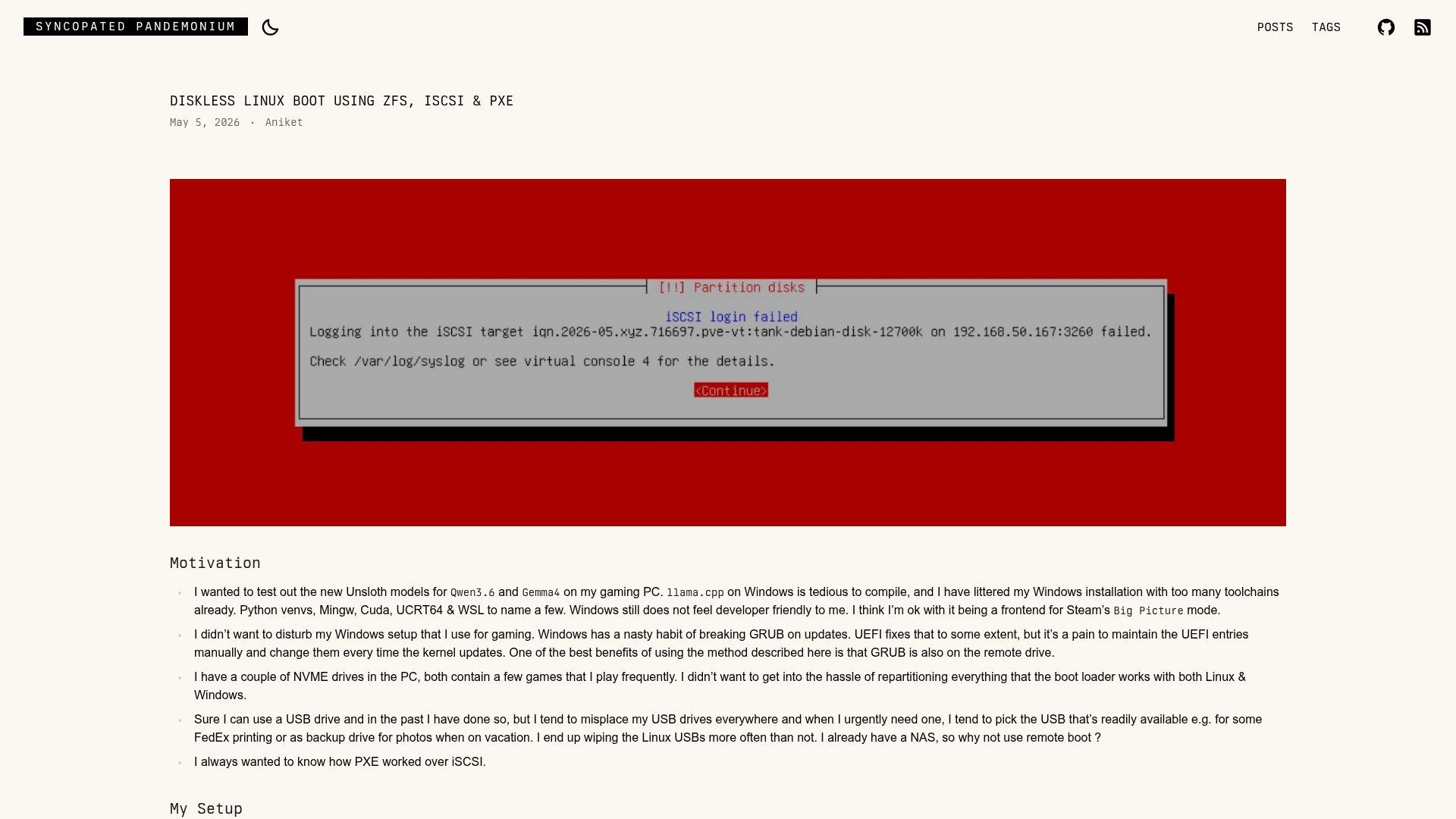 Screenshot of aniket.foo: Diskless Linux boot using ZFS, iSCSI and PXE