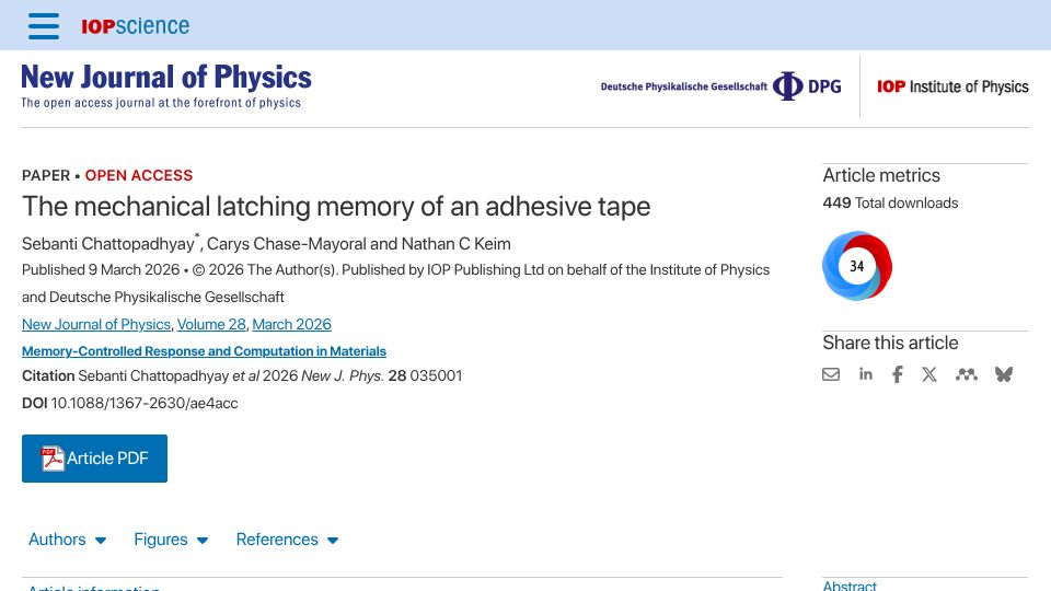 Screenshot of iopscience.iop.org: The mechanical latching memory of an adhesive tape