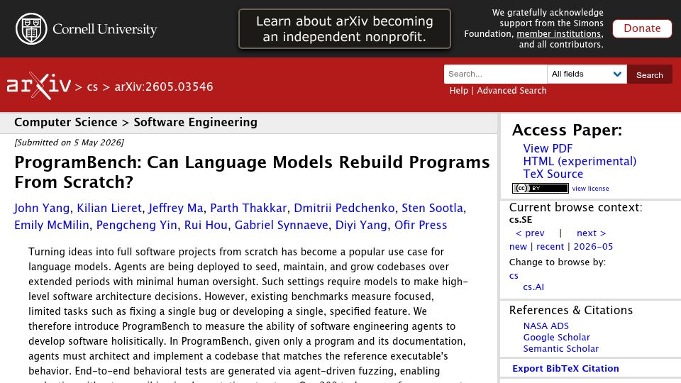Screenshot of arxiv.org: ProgramBench: Can Language Models Rebuild Programs from Scratch?
