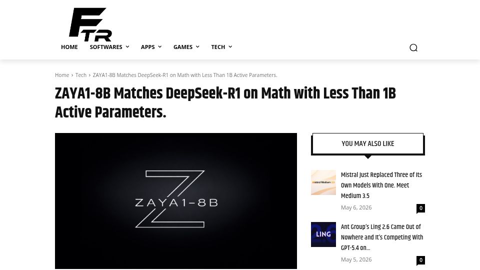 Screenshot of firethering.com: ZAYA1-8B matches DeepSeek-R1 on math with less than 1B active parameters