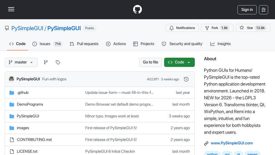 Screenshot of github.com: PySimpleGUI 6