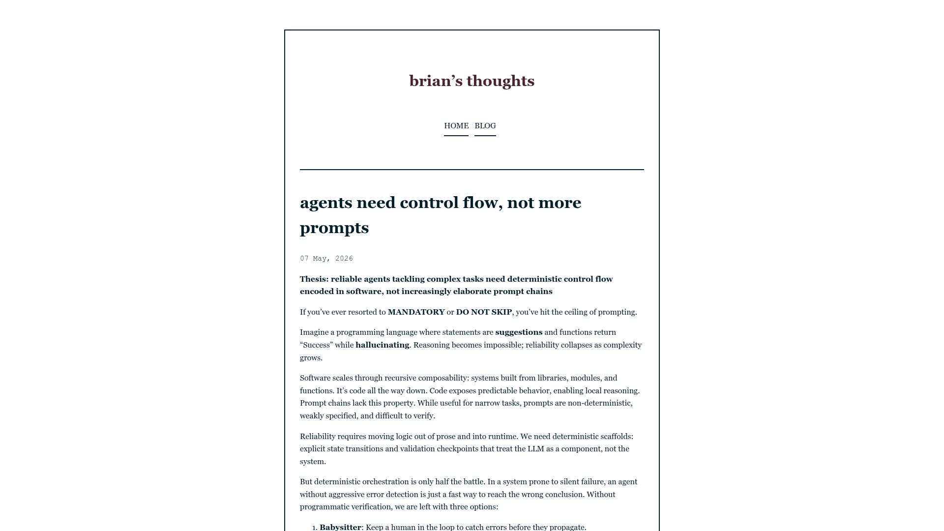 Screenshot of bsuh.bearblog.dev: Agents need control flow, not more prompts