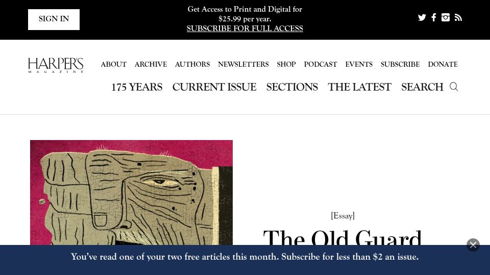 Screenshot of harpers.org: The Old Guard: Confronting America's Gerontocratic Crisis