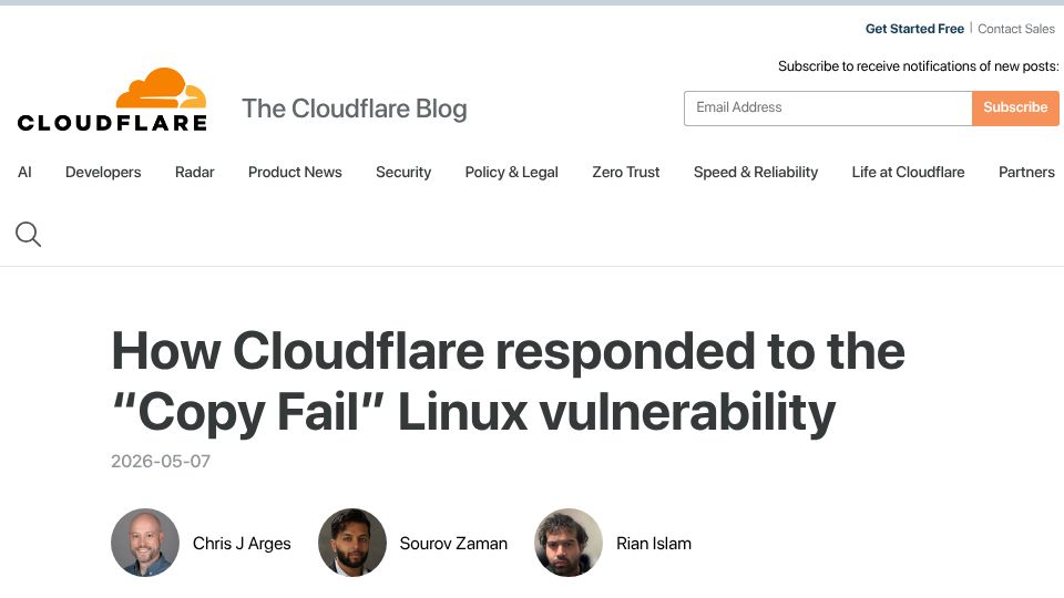 Screenshot of blog.cloudflare.com: Cloudflare responded to the "Copy Fail" Linux vulnerability