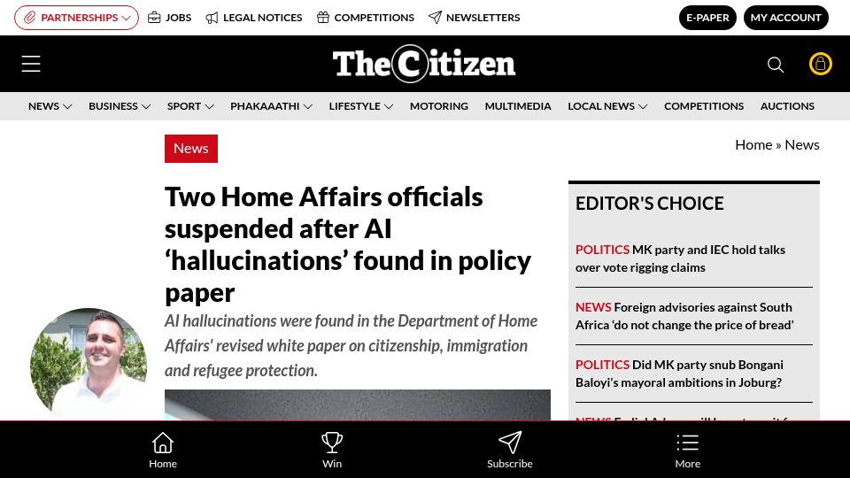Screenshot of citizen.co.za: Two Home Affairs officials suspended after AI 'hallucinations' found