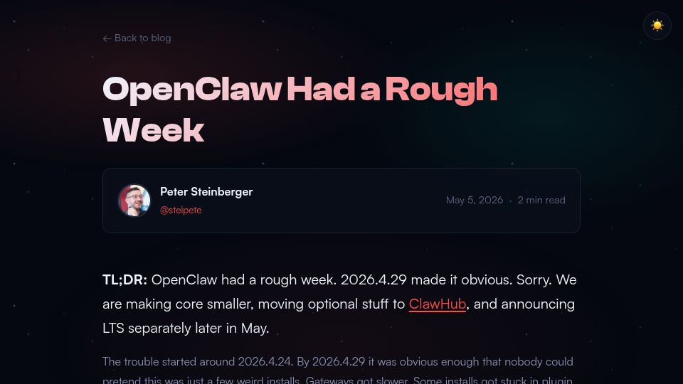 Screenshot of openclaw.ai: OpenClaw had a rough week