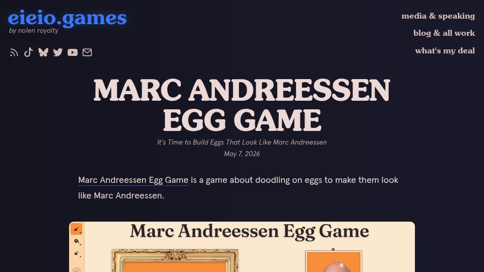 Screenshot of eieio.games: Draw Marc Andreessen on an Egg