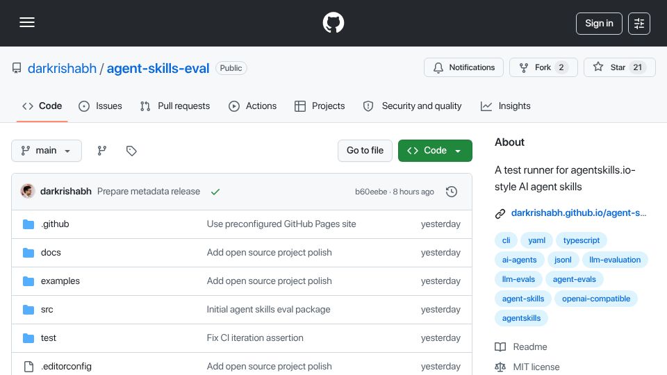Screenshot of github.com: Show HN: Agent-skills-eval – Test whether Agent Skills improve outputs