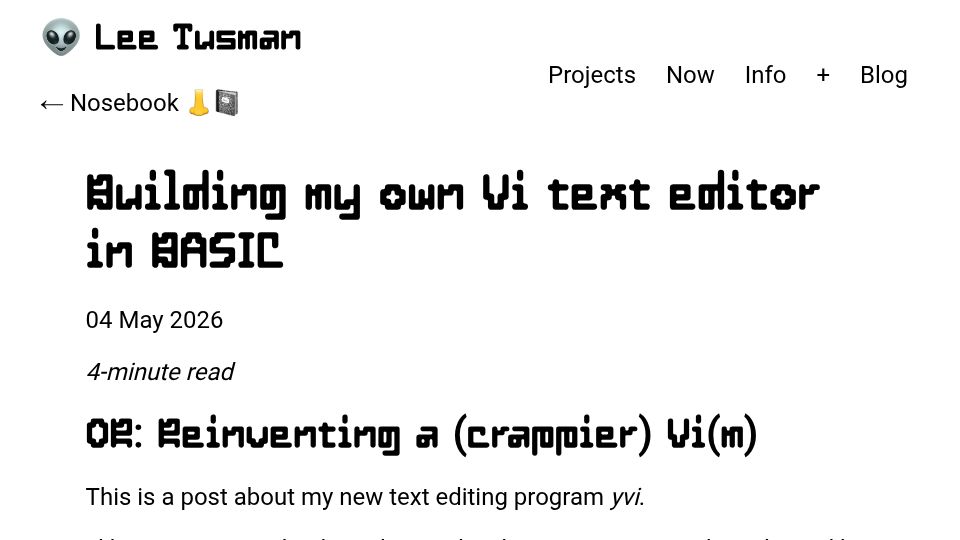 Screenshot of leetusman.com: Building my own Vi text editor in BASIC