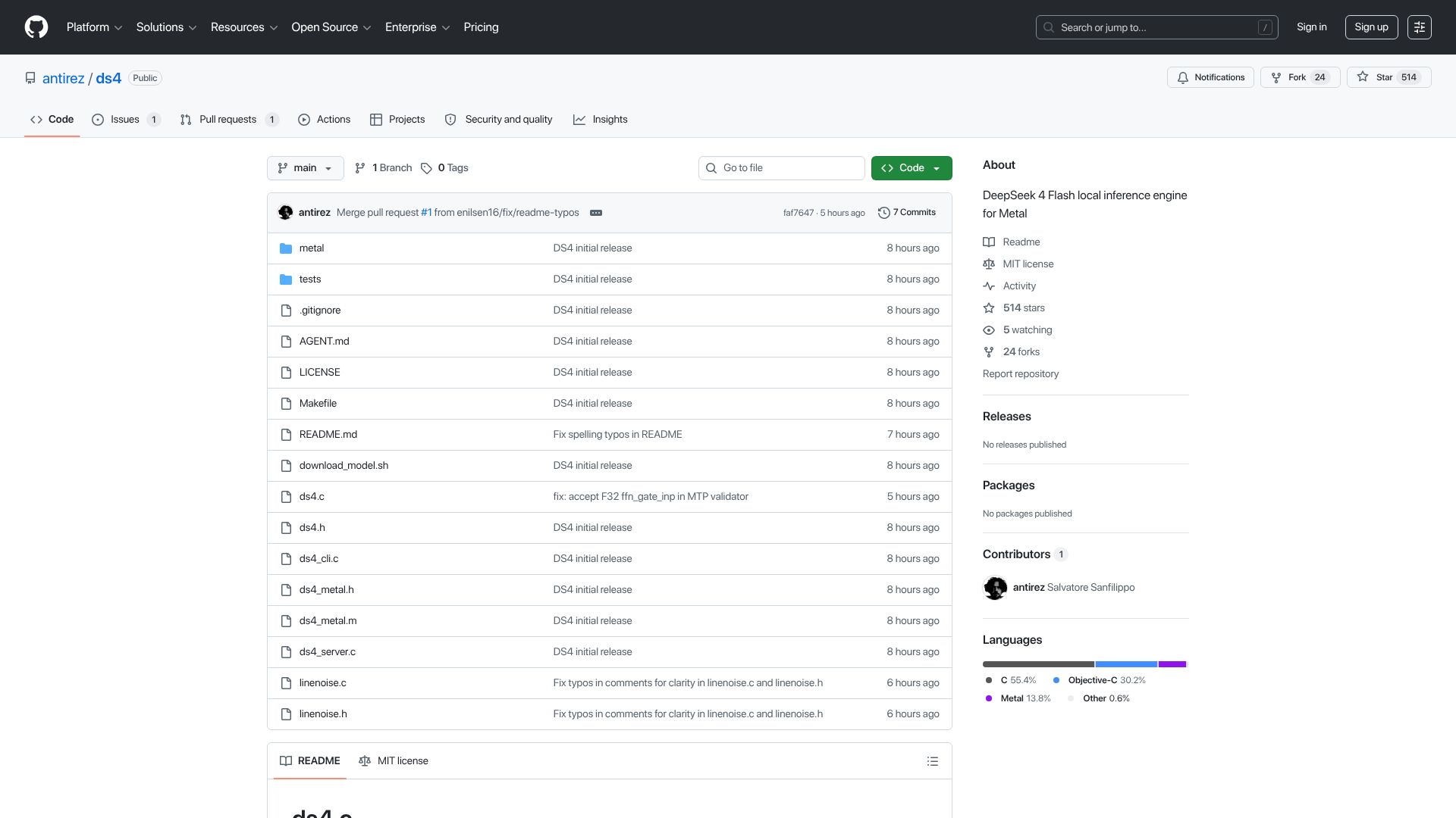 Screenshot of github.com: DeepSeek 4 Flash local inference engine for Metal