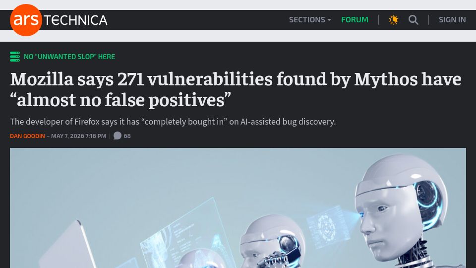 Screenshot of arstechnica.com: Mozilla says 271 vulnerabilities found by Mythos and "almost no false positives"
