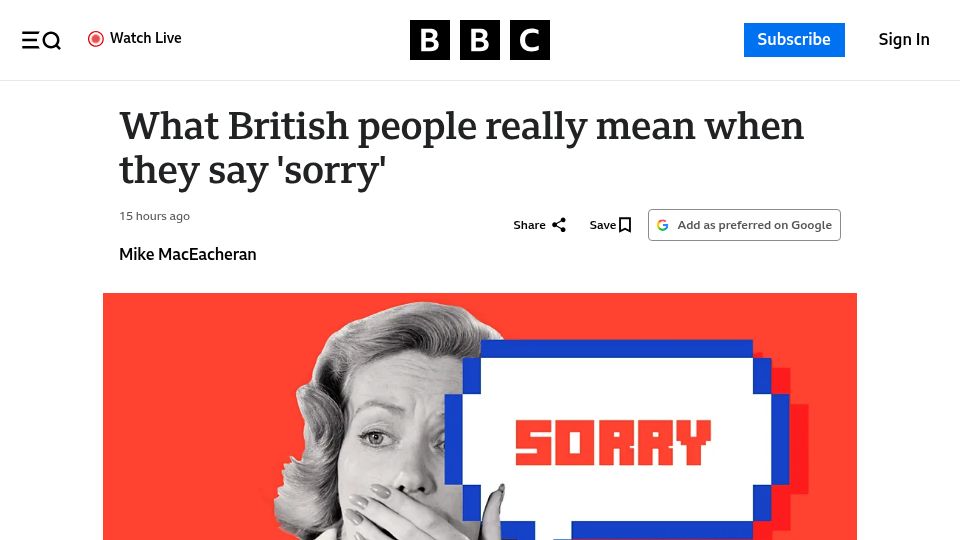 Screenshot of bbc.com: What British people mean when they say 'sorry'